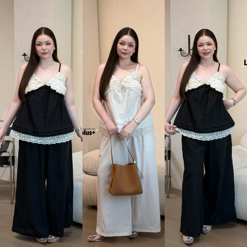 Layla Set - ชุดเซ็ต 2 ชิ้นสาวอวบ เสื้อสายเดี่ยวแต่งลูกไม้+กางเกงขายาวทรงขาบาน แกลมมาก ดูแพงสุดๆ