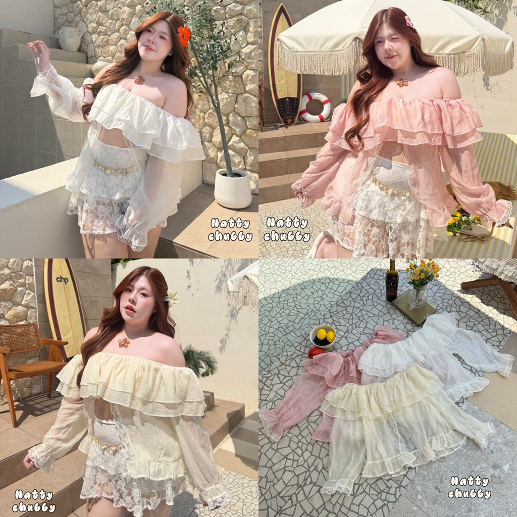 /NT/ เสื้อเปิดไหล่แขนยาว ไซส์อก38-50 ระบาย2ชั้น ผ่าหน้าแต่งลูกไม้ พรางหุ่น #พลัสไซส์