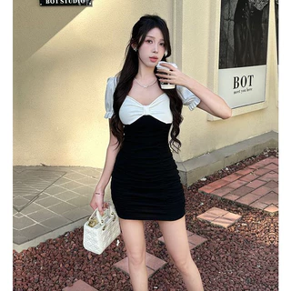 เดรสแขนพอง กระโปรงพลีทสีตัดกัน มีให้เลือก 3 สี