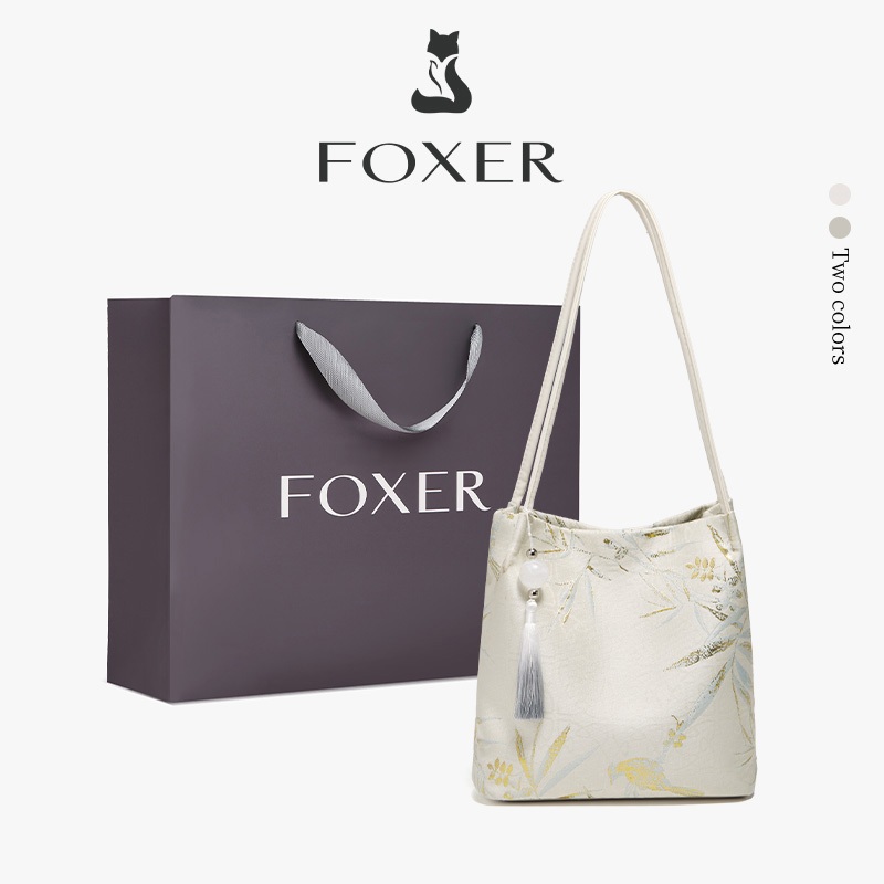 FOXER กระเป๋าถือสไตล์จีนใหม่ ลายดอกไม้ กระเป๋าสะพายไหล่ปักลาย กระเป๋าทรงถังแบบมีหูหิ้วด้านบน