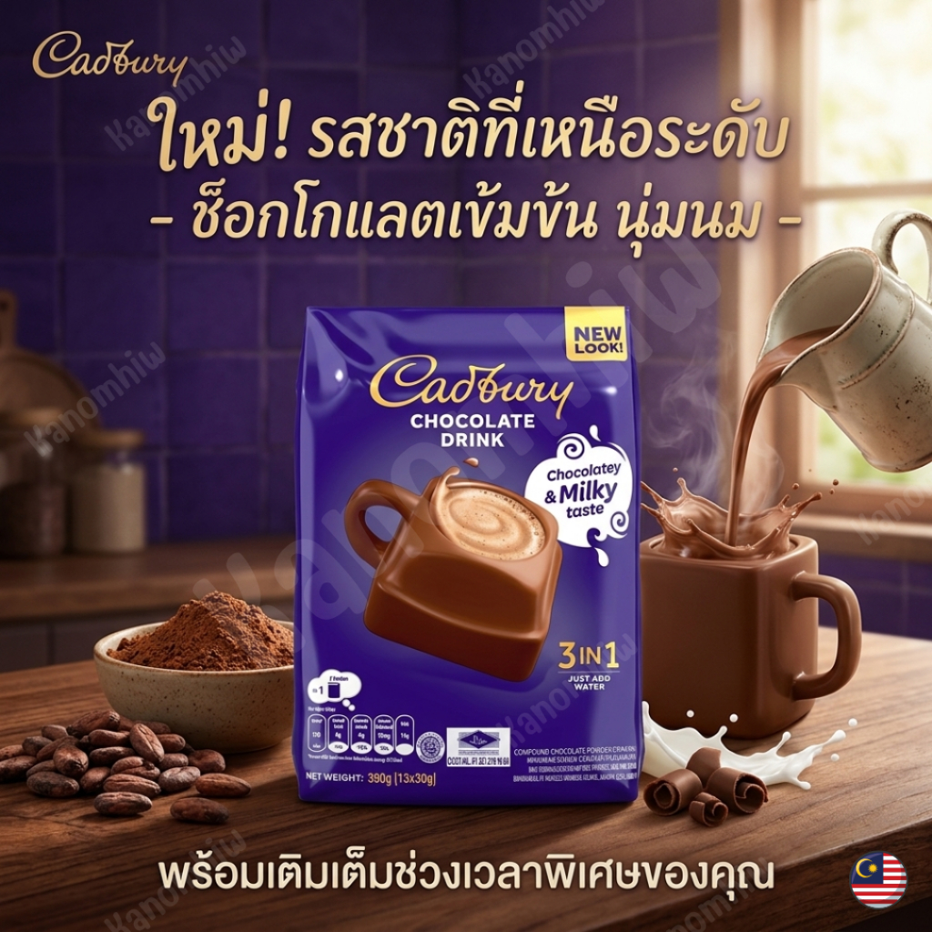 Cadbury hot chocolate 3 in 1 - เครื่องดื่มช็อกโกแลตร้อนชนิดผง 390 และ 150 g จากมาเลเซีย