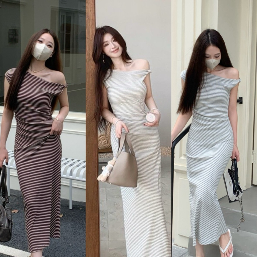 📍พร้อมส่ง📍9170 เดรสยาว ลายริ้ว ดีไซเก๋ช่วงไหล่ จะใส่เป็นเปิดไหล่ก็ดู sexy ปลายกระโปรงผ่าด้านหลัง  TAG:WG.WE 🇰🇷