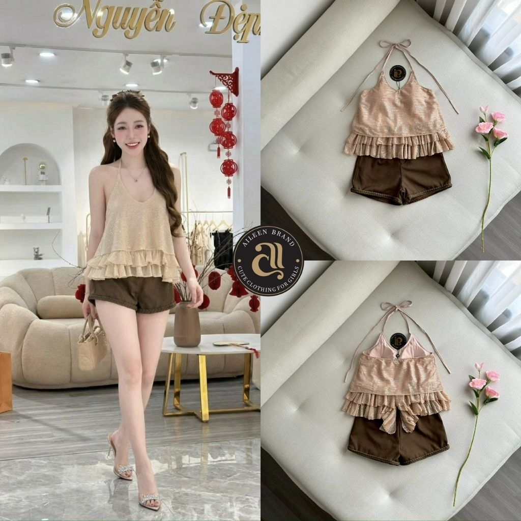 Aileen Set.2ชิ้นเสื้อผูกสายคล้องคอสีน้ำตาลปักเลื่อมทั้งตัว ดีเทลแต่งระบายชั้นๆ ช่วงตัว ดีไซน์ปล่อยๆ