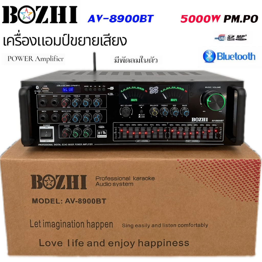NEW เพาเวอร์แอมป์ขยายเสียง AV-8900BT 300W RMS พร้อมมิกซ์ในตัว ขับดอกลำโพง 6-15 นิ้ว เชื่อมต่อBluetooth/USB/SDเครื่องขยาย
