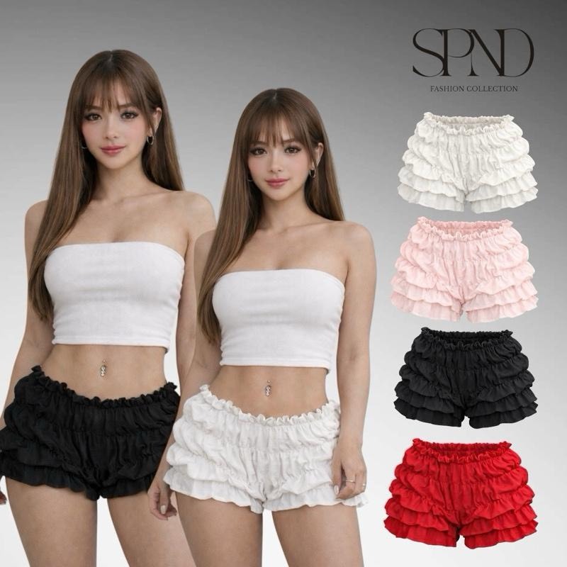 SPND【พร้อมส่ง】กางเกงขาสั้น เอวต่ำ เป็นสม็อคยืดได้ทั้งตัว แมทซ์ง่ายทุกชุด มี4สี
