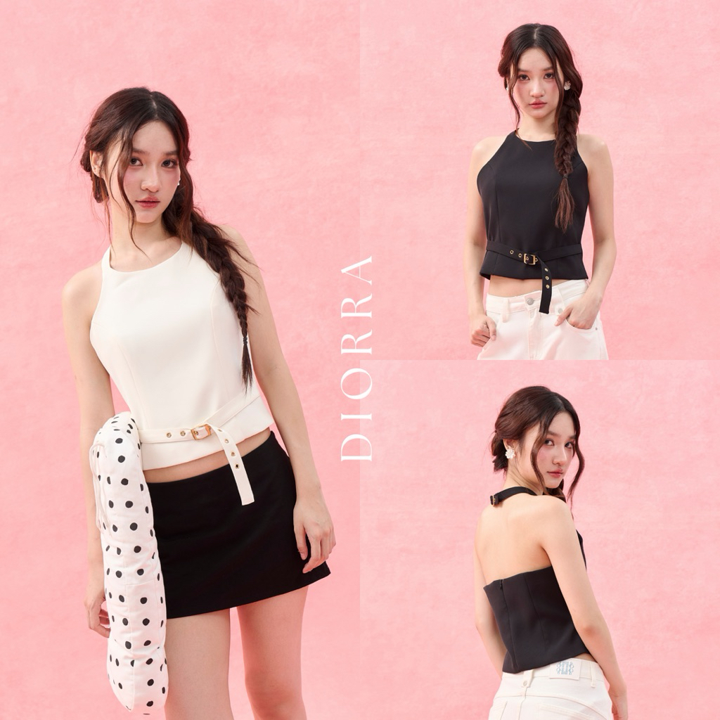 DIORRA TOP (เฉพาะเสื้อ) เสื้อคล้องคอเปิดหลัง ผ้าเนื้อนิ่มหนาอัดกาวอยู่ทรงสวยซับในทั้งตัว และยังมีดีเทลเข็มขัดด้านหน้า