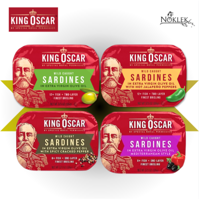 KING OSCAR ปลาซาร์ดีนในน้ำมันมะกอก 4 สูตร ขนาด 106 กรัม จากนอร์เวย์
