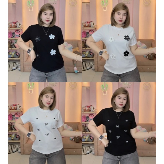 KK13-15 เสื้อยืดคอกลมแต่งอะไหล่ดอกไม้ อก 38"-42"-46"