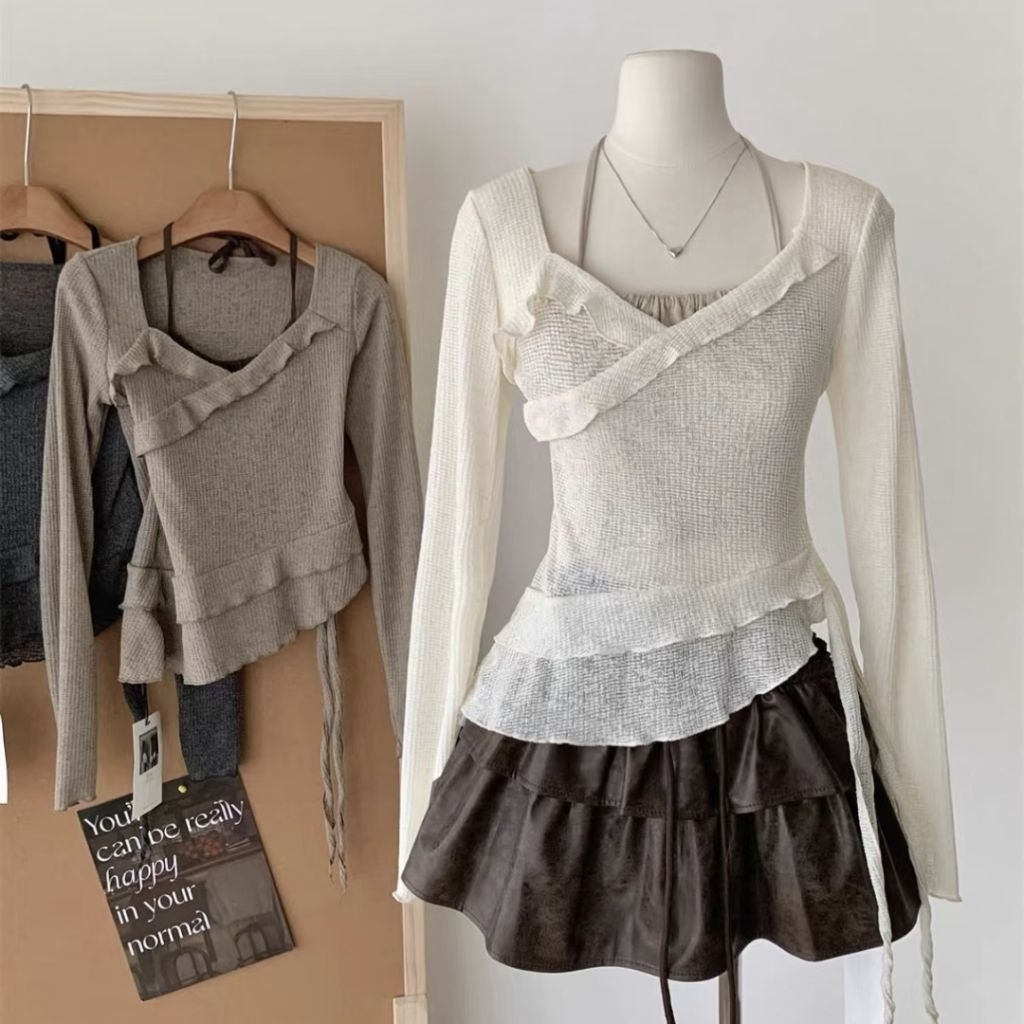 ootd เสื้อสายเดี่ยวผูกคอ แขนยาวระบาย สไตล์เกาหลี