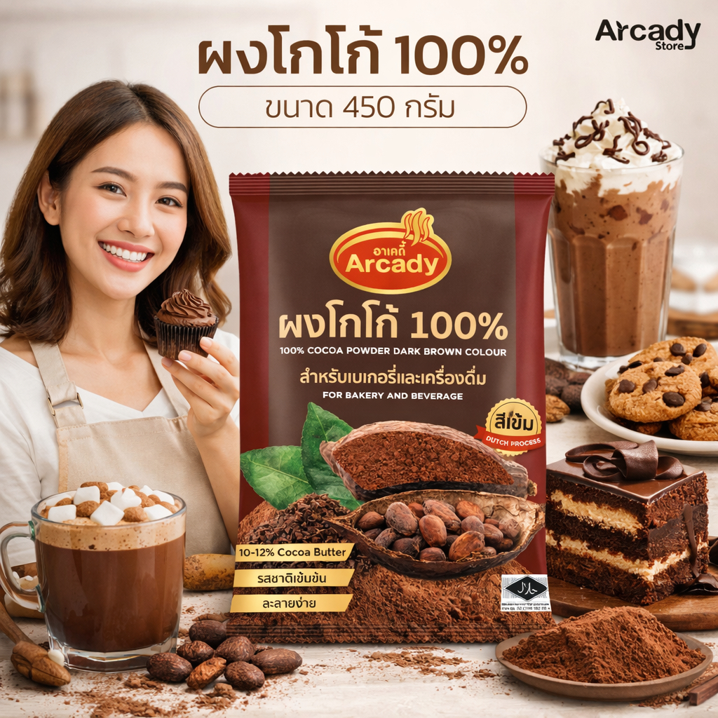ผงโกโก้แท้ 100% อาเคดี้ ขนาด 450 กรัม ไขมัน 10-12% ชนิดสีเข้ม น้ำชง ทำเบเกอร์รี่