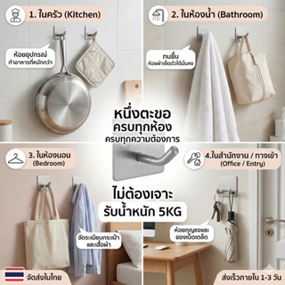 [พร้อมส่งไทย] ตะขอสแตนเลส 304 แท้ กาว 3M รับน้ำหนักได้สูง ไม่ต้องเจาะผนัง กันน้ำ กันสนิม ส่งไวจาก กทม. 1-3 วัน