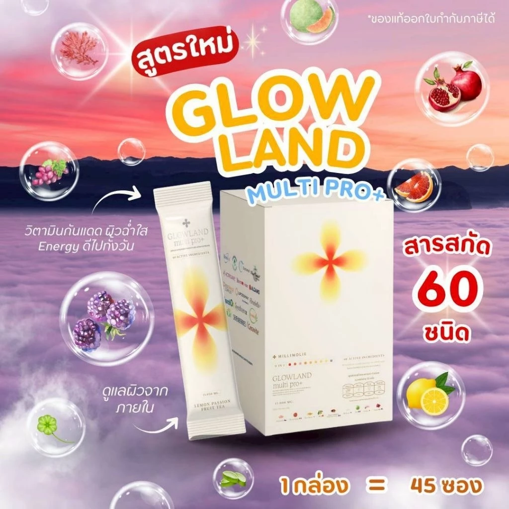 🔥พร้อมส่งสูตรใหม่60สารสกัด🔥GLOWLAND multi pro+ BFF45 : 1กล่องใหญ่45ซอง ☀️⛱️วิตามินกันแดด วิตามินอาหารผิว