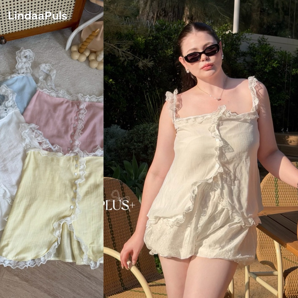 LindaaPlus-- สายเดี่ยวแต่งลูกไม้สาวอวบอ้วน 🌊☀️ แต่งกระดุมซิกแซ็กให้มีลูกเล่นนิดๆ รุ่นนี้มีซับใน ผ้าโรซี่ ใส่สบาย