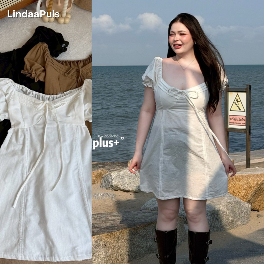 LindaaPlus-- มินิเดรสคอเหลี่ยมสาวอวบอ้วน ⋆.𐙚 ̊ ดีเทลแต่งลูกไม้ช่วงตัว ช่วงเอวเข้ารูป ผ้าลินินเนื้อดี ใส่สบาย