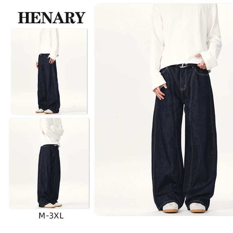 Henary กางเกงยีนส์ผู้ชาย ย้อนยุค ยีนส์ สไตล์เกาหลี ยีนส์ขากระบอก แบบเรียบง่าย ให้ความรู้สึกย้อนยุค จ
