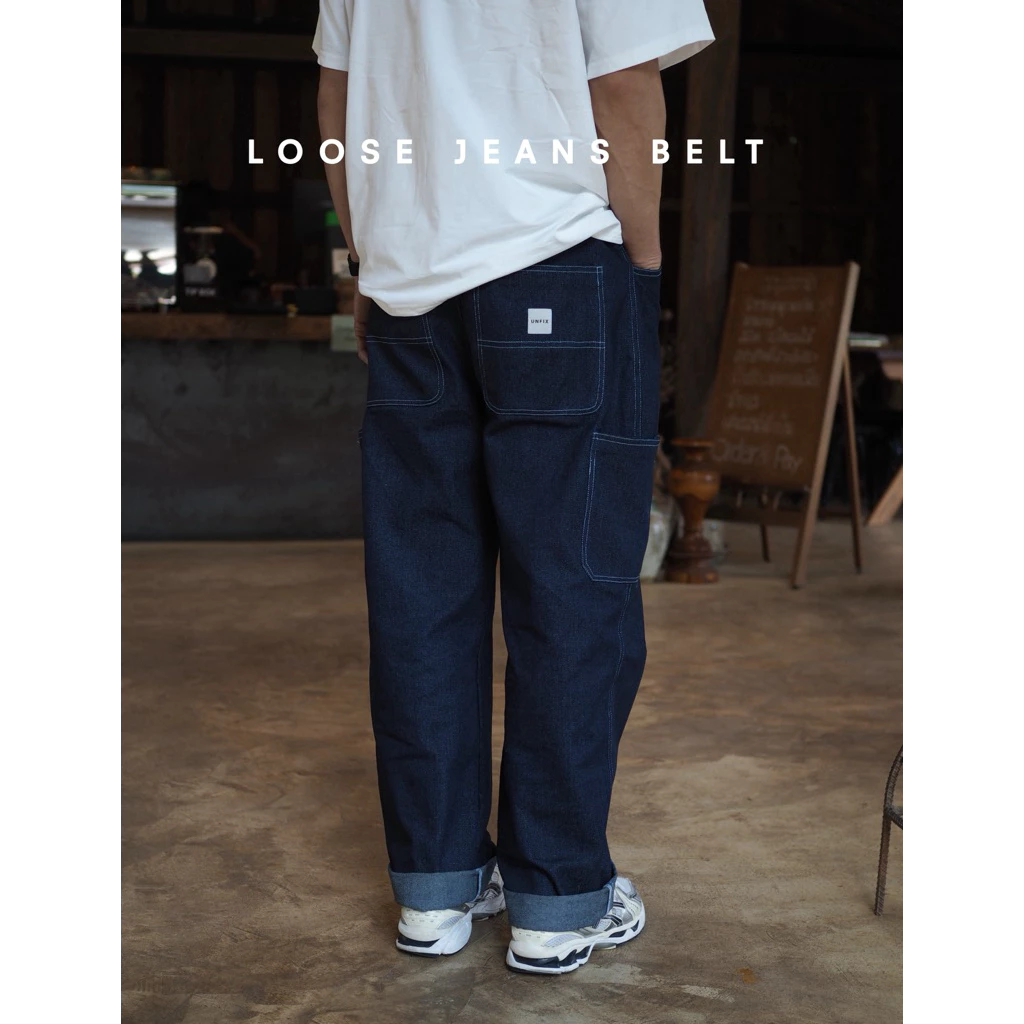 LOOSE JEANS BELT - กางเกงยีนส์ 11 oz. 6กระเป๋า ทรงหลวม เอวยางยืด มีเข็มขัดปรับระดับได้