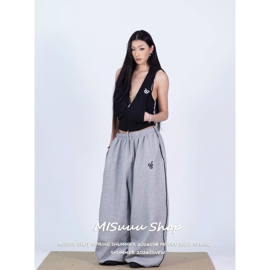 [Small snake embroidered striped pants]ฤดูร้อนกางเกงวอร์มออกกำลังกายริ้วข้างเอวยางยืดปักลายงู