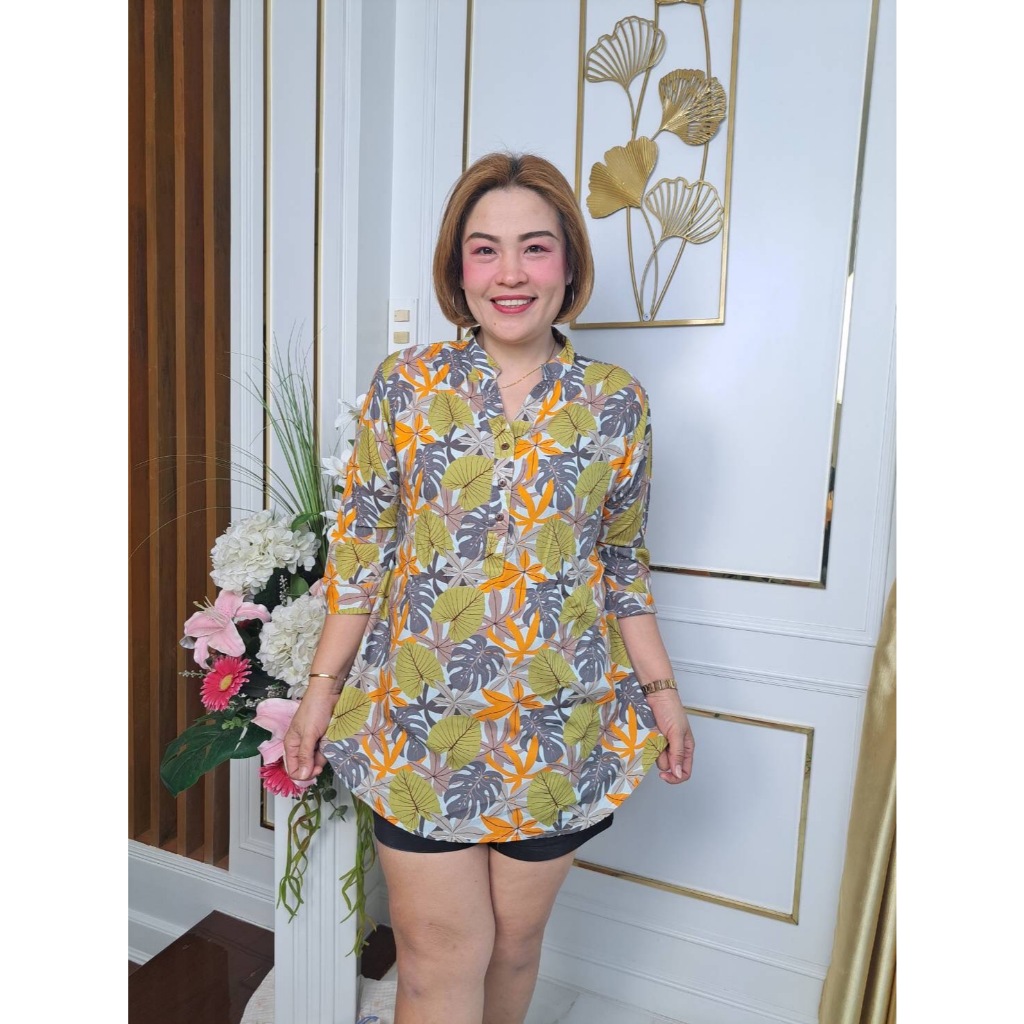 (มีสินค้า)+++ช157///เสื้อคอจีนแขนศอกลายใบกลม ผ้าไหมสปัน ฟรีไซ38-46นิ้ว ยาว31นิ้ว หน้าผ้า46นิ้ว ราคา2