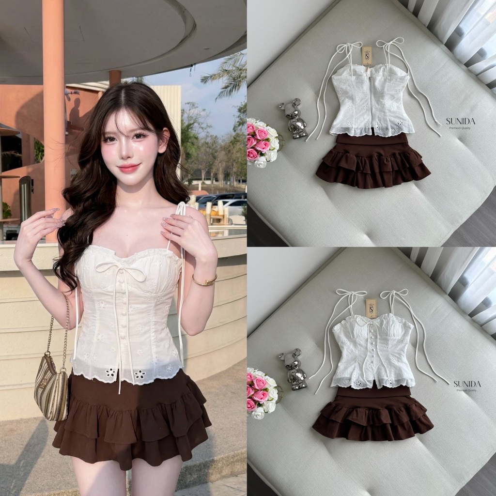 SUNIDA Setเสื้อสายเดี่ยวลูกไม้น่ารักกกลุคคุณ