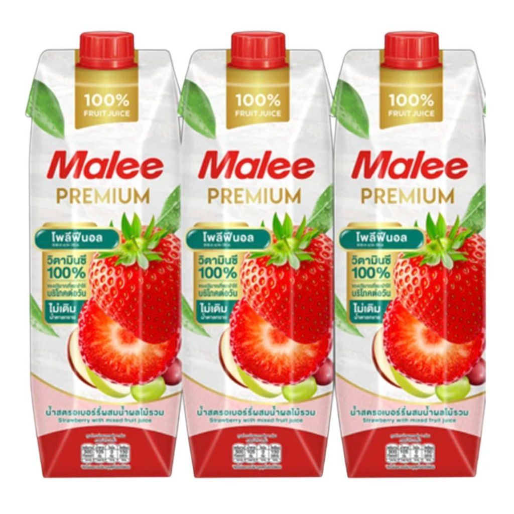 Malee มาลี น้ำสตรอเบอร์รี่+น้ำผลไม้รวม 100% ขนาด 1 ลิตร (3กล่อง)