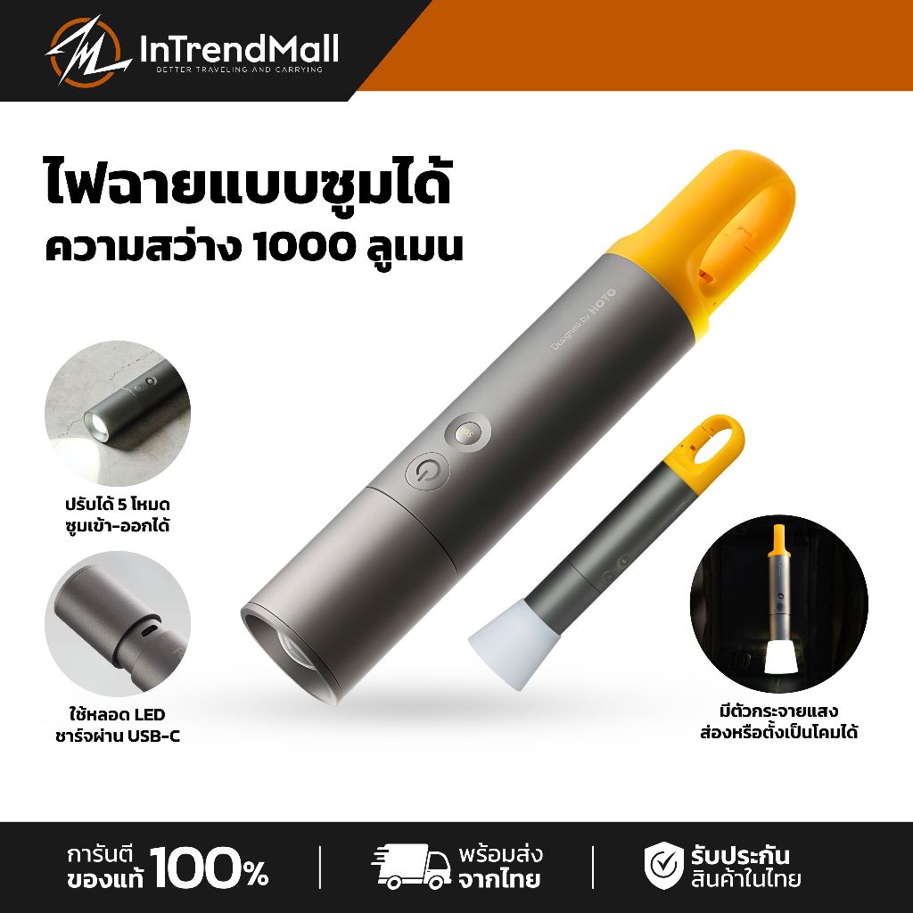 HOTO Flashlight Lite ไฟฉายแบบซูมได้ ใช้หลอด LED ชาร์จไฟผ่าน USB-C ความสว่าง 1000 ลูเมน ราคา ถูกที่สุด ดีลบีเคเค รูปภาพหลัก