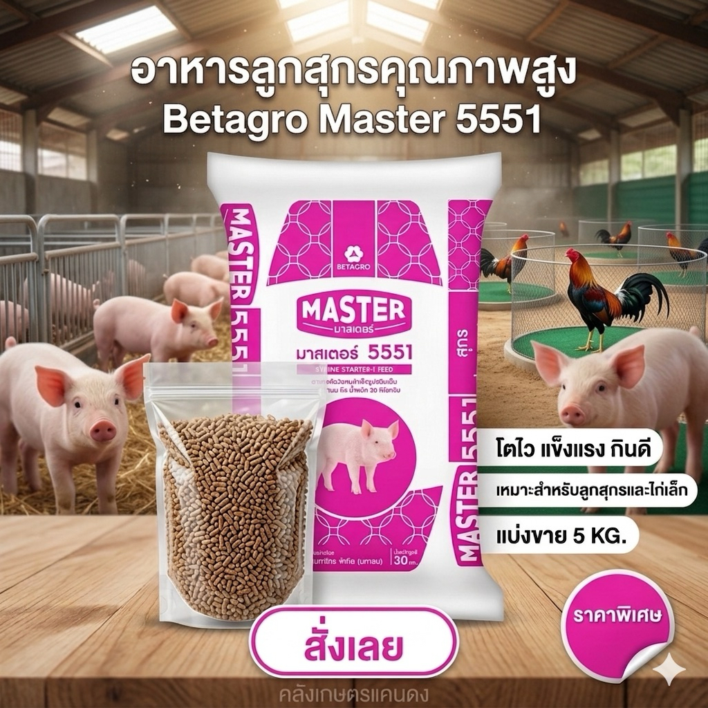 [ถูกสุดๆ💥] อาหารหมูเล็ก ลูกไก่ชน โปรตีน20% โตไว อ้วนเร็ว 5551 เบทาโกร มาสเตอร์ บรรจุ 800g และ 5 KG. รับประกันคุณภาพ 100%