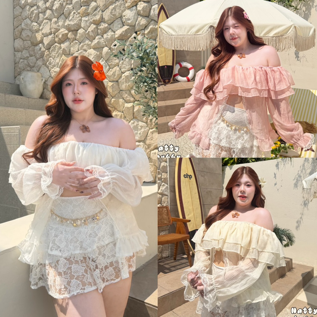 Nt เสื้อเปิดไหล่แขนยาวแต่งระบาย2ชั้น ผ้าโรซี่ 📌ไม่มีซับใน ผ่าหน้าแต่งลูกไม้