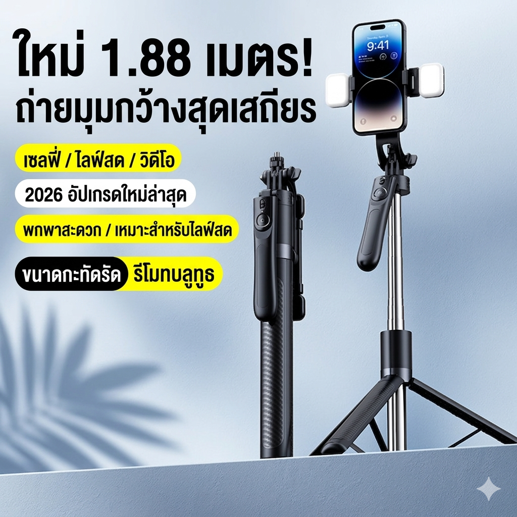 X6🎥บอกลาภาพสั่น! ไม้เซลฟี่กันสั่น 3 แกน สูง 1.88 เมตร ถ่ายคนเดียวก็เหมือนมือโปร! มีไฟเสริมคู่ + รีโมทบลูทูธ ขาตั้ง 3 ขา