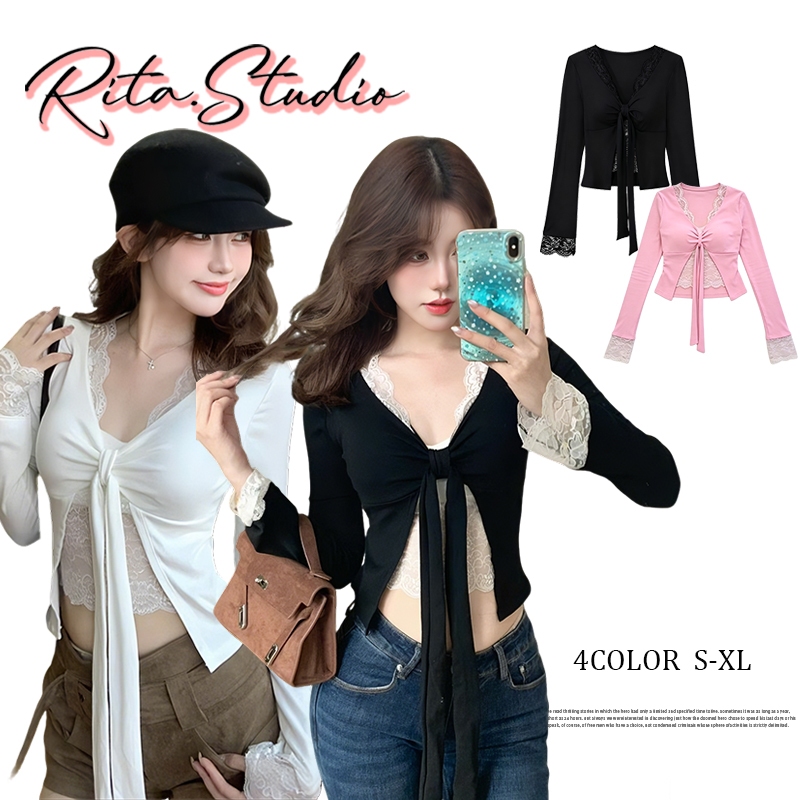 Rita พร้อมส่ง🍒เสื้อลูกไม้สองชั้นติดกัน แขนยาว เสื้อยืด คอวี ทรงเข้ารูป มีเชื่อกผูกโปว์ได้ หรูเริ่ด เเซ็กซี่แฟชั่น