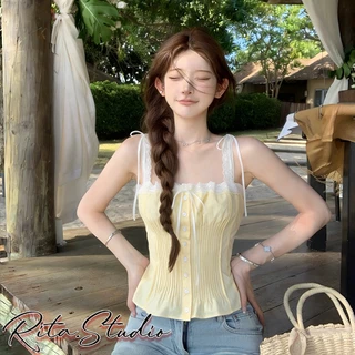 Rita พร้อมส่ง🍒เสื้อครอปท็อปลูกไม้ สีเหลือง ชมพู ขาว ดำ สไตล์วินเทจ คอสแควร์ ผ้าปักรีด คอสตูมสาวสวย ใส่สบาย
