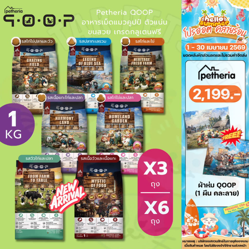 Petheria QOOP อาหารเม็ดแมวคูปป์ ตัวแน่น ขนสวย เกรดกลูเตนฟรี สำหรับแมวทุกช่วงวัย ทุกสายพันธ์