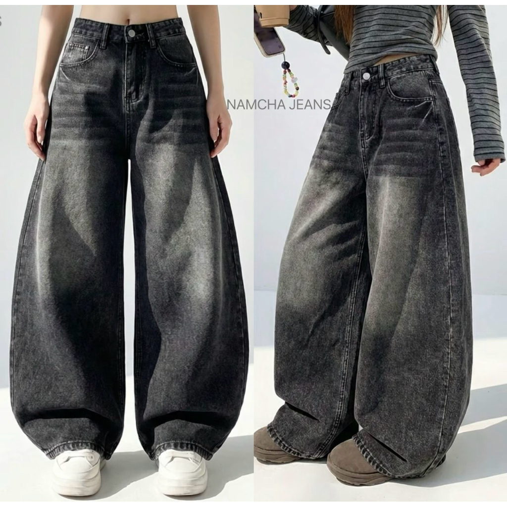 ป้าย NAMCHA JEANS ป้ายน้ำตาล กางเกงยีนส์ขายาวเอวสูงทรงบาเรล สีดำฟอกแต่งเฟด ไซส์L เอว31-32 สะโพก46 คว