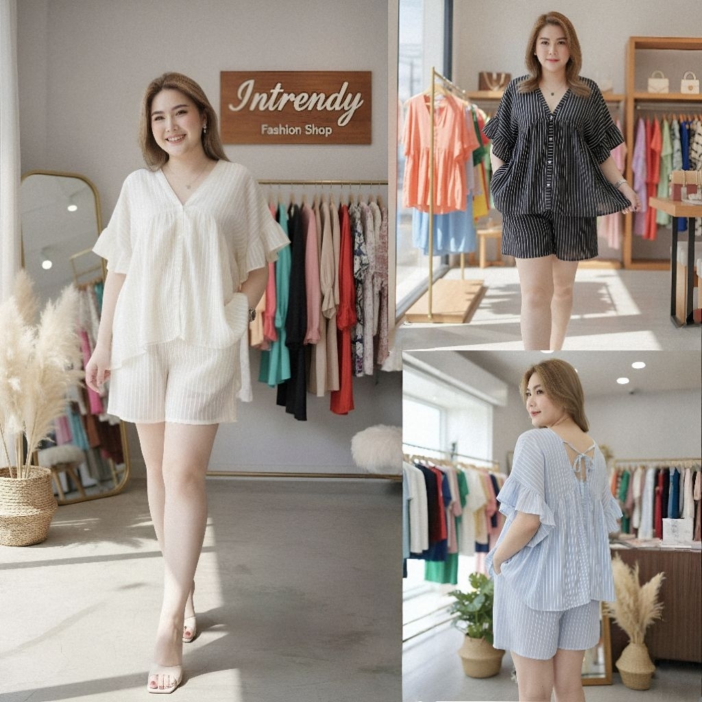 New.2 Set เซ็ทขาสั้นลายทาง+เสื้อผูกหลังแขนระบายสาวอวบ {อก: 36 - 46 นิ้ว } ใส่สวย เป็นผ้าคอตตอน
