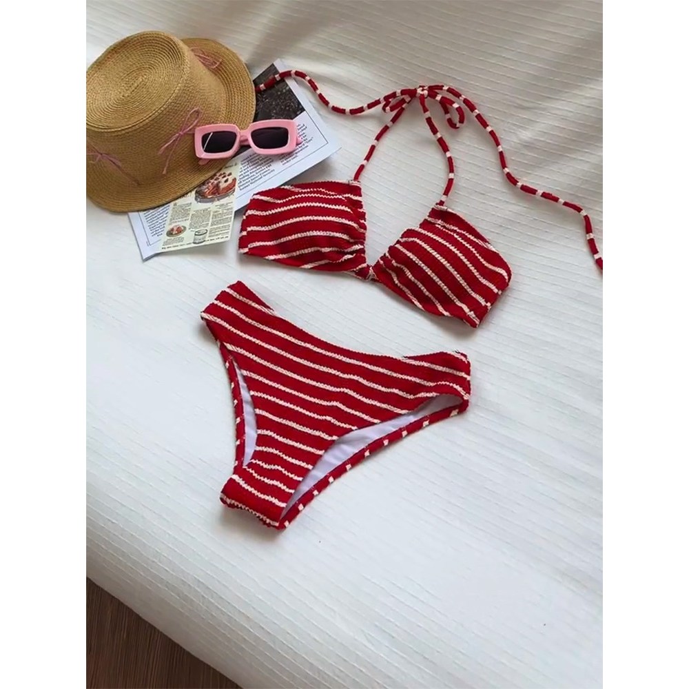 Victoria's ชุดว่ายน้ำแฟชั่น bikini บิกินี่ทูพีช ผูกคอ ลายทางสีแดง มีฟองน้ำ swim#0600