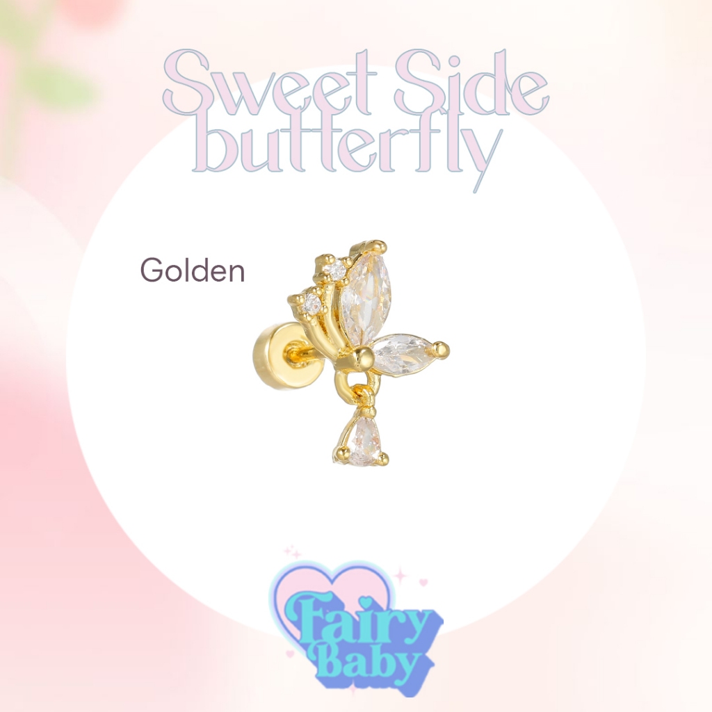 Fairybaby จิว Golden Sweet Side Butterfly ( 1 ชิ้น ) แป้นแบน จิวหูผีเสื้อ ตุ้งติ้ง (J1-164)
