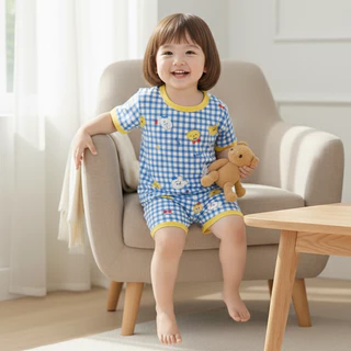 Babyonline(Y299)A1 (ส่งด่วน1วัน)ชุดนอนสำหรับเด็กแขนสั้นขาสั้นลายการ์ตูนน่ารัก มีกระดุมไหล่ ผ้าร่อง
