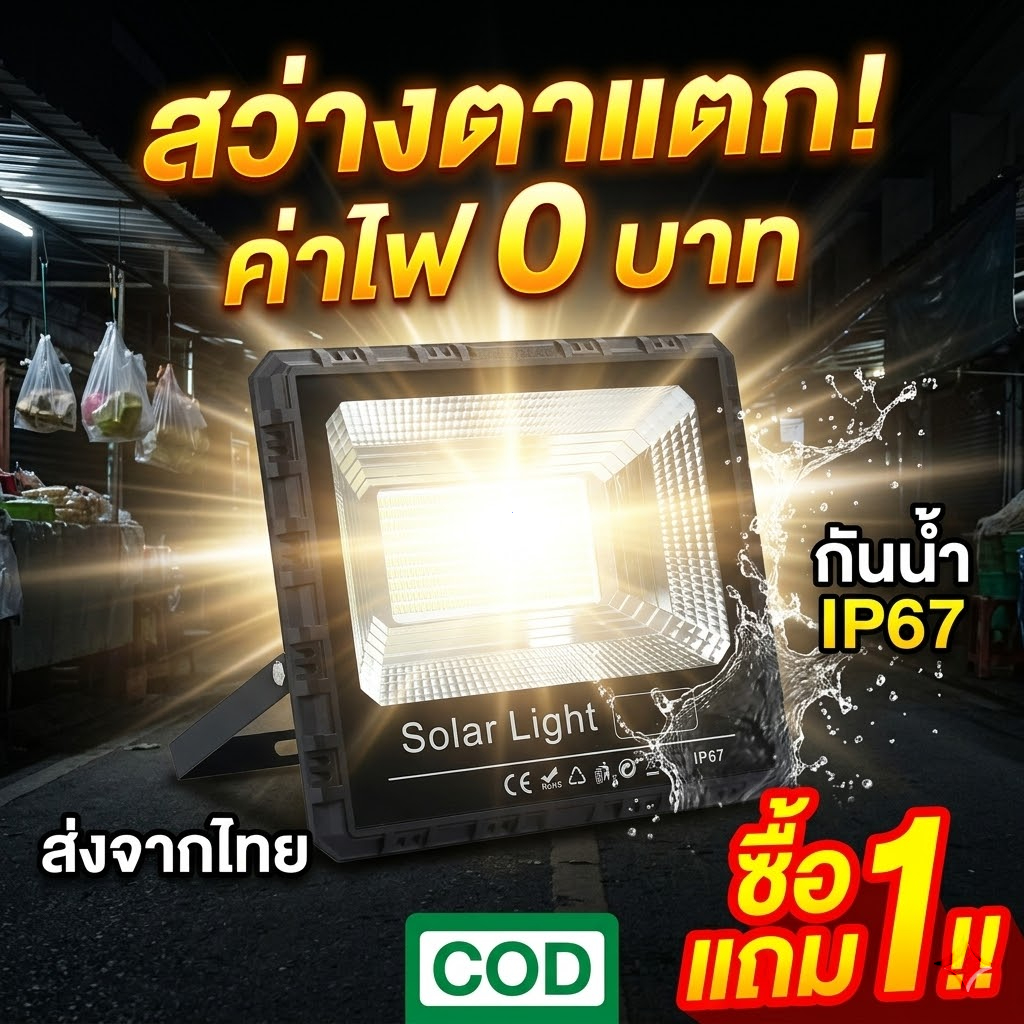 สปอร์ตไลท์โซล่าเซลล์ 70000W สว่างยันเช้า ค่าไฟ 0 บาท กันน้ำ IP67 สต็อกไทย