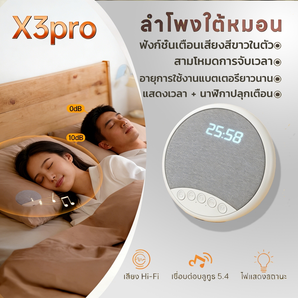 X3proลำโพงช่วยนอนใต้หมอน คุณภาพเสียงดีเยี่ยม บางพิเศษแค่ 1 ซม. มาพร้อมเสียงสีขาวช่วยให้หลับลึก บลูทูธ 5.4นาฬิกาปลุกเตือน