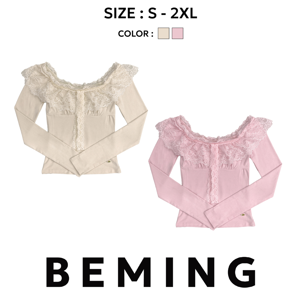 Bemingtop1142(S-2XL)-Elegant Lace Top - เสื้อแขนยาวเข้ารูปคอลูกไม้ดีไซน์หวานเพิ่มกิมมิคงานลูกไม้ด้านหน้า