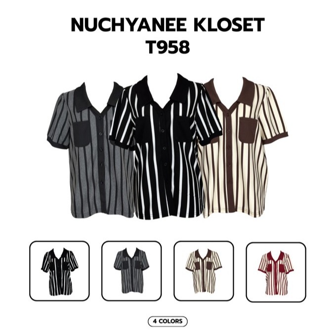 (T958)งานเสื้อคอปกลายทางกระดุมน่ารักมากก