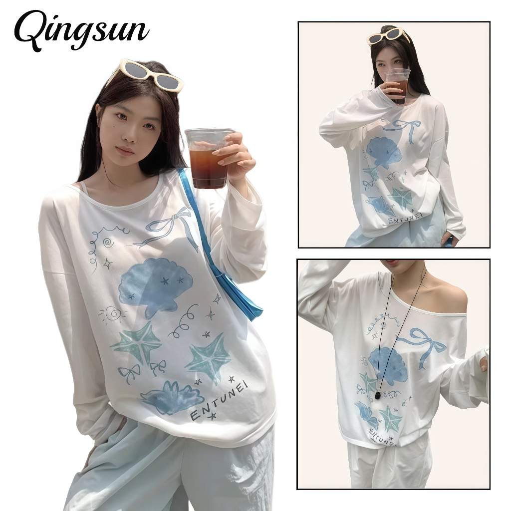 Qingsun เสื้อยืดแขนยาวผู้หญิงลายเปลือกหอย ทรงหลวม สีขาว ใส่แล้วดูเพรียว เหมาะใส่ในชีวิตประจำวัน FY2104#1-0