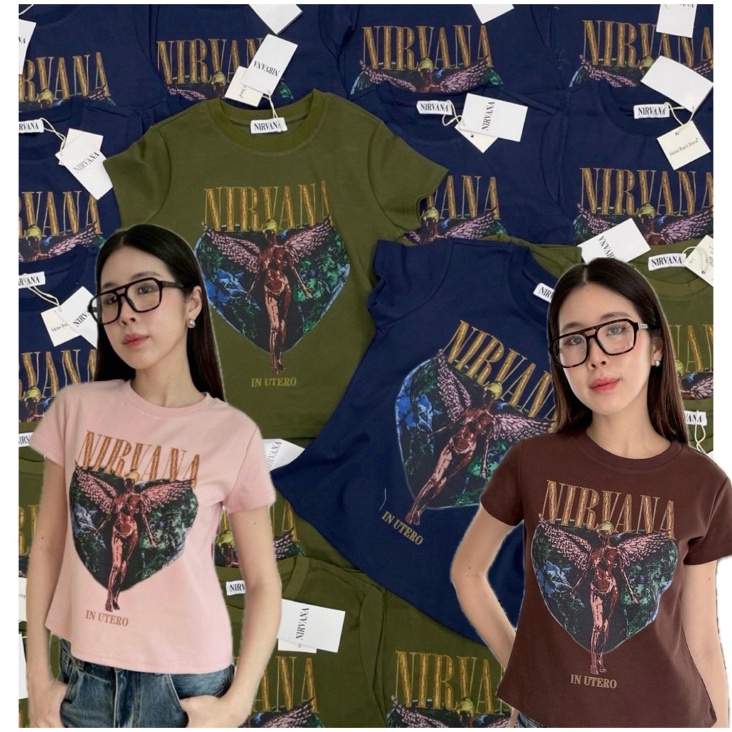 Nirvana baby tee 🤍  เสื้อยืดคอกลมแขนสั้นทรงเบบี้ที แบรนด์ดัง ผ้ายืดหยุ่น ทรงสวย