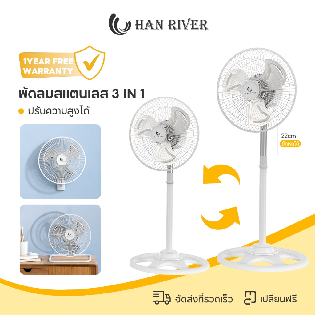 HAN RIVER พัดลมตั้งพื้น 3 in 1 พัดลมตั้งโต๊ะ ปรับความสูงได้ 10 นิ้ว พัดลม 3 ระดับ พัดลมสแตนเลส