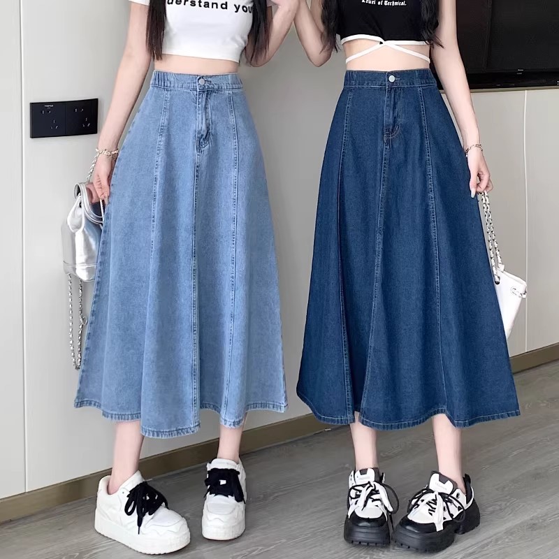 S~5XL Denim Long Skirt Elastic band design Blue Navyblue กระโปรงร่มสวิงยาวปานกลางเอวสูง กระโปรงยาวทรงเอลำลองทันสมัย HOT