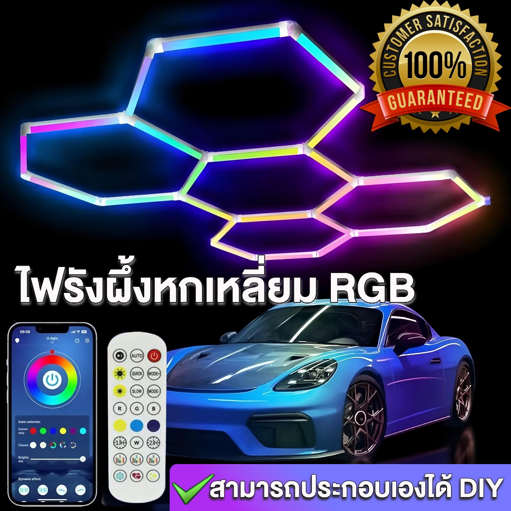 ไฟ LED ทรงรังผึ้งหกเหลี่ยม ปรับโหมดได้ มาพร้อมรีโมทคอนโทรล เหมาะสำหรับโรงรถ/โรงยิม/ห้องเล่นเกม ให้แสงที่สวยงามและ