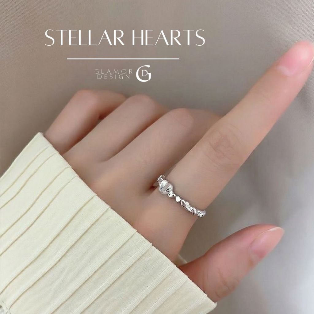 GLAMOR✨แหวนเงินแท้ Stellar Hearts แหวนหัวใจถึงหัวใจ แหวนปรับขนาดได้ สายเกาหลี