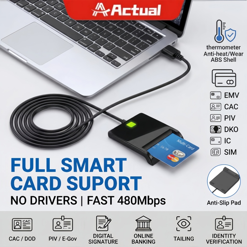 Actual เครื่องอ่านบัตรประชาชน Smart Card Reader CAC SD Card Reader เข้ากันได้กับ Smart Chip Cards