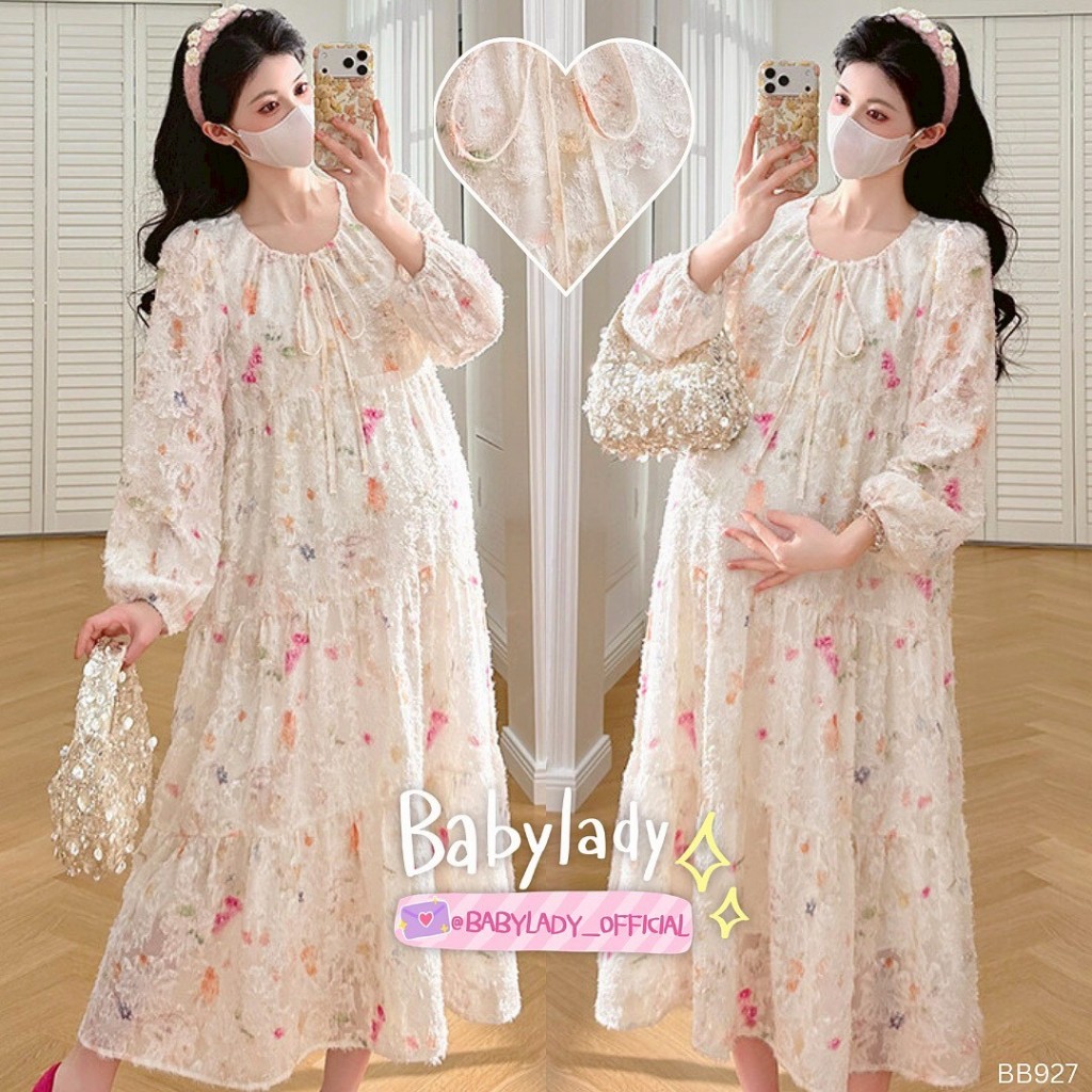 [BB 927] ชุดคลุมท้อง | BABYLADY ♡ - เดรสผ้าปุกปุย คอผูกโบว์ แขนจั๊ม ทรงท่อน มีซับใน