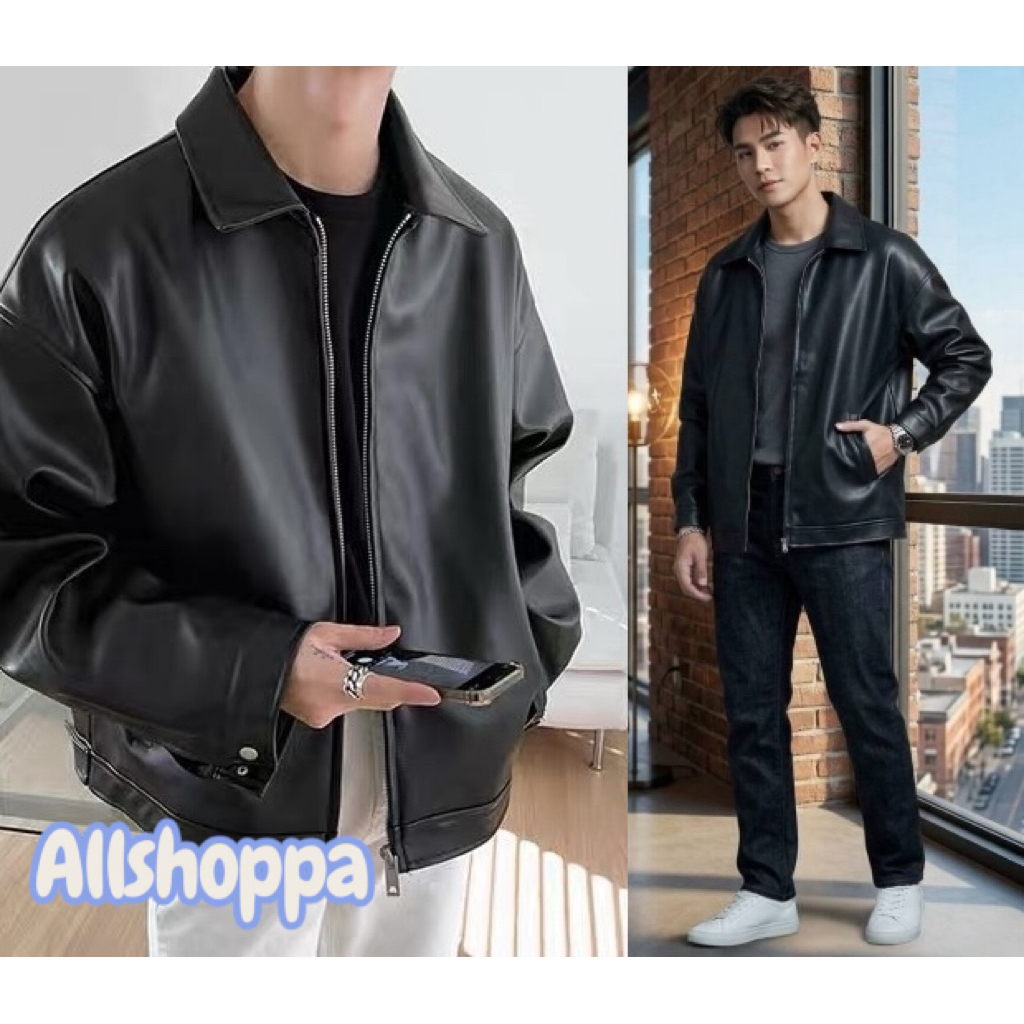 Allshoppa | เสื้อแจ็คเก็ตหนังสีดำ เสื้อแจ็คเก็ตสไตล์เกาหลี มีซับใน ผู้ชาย ผู้หญิง