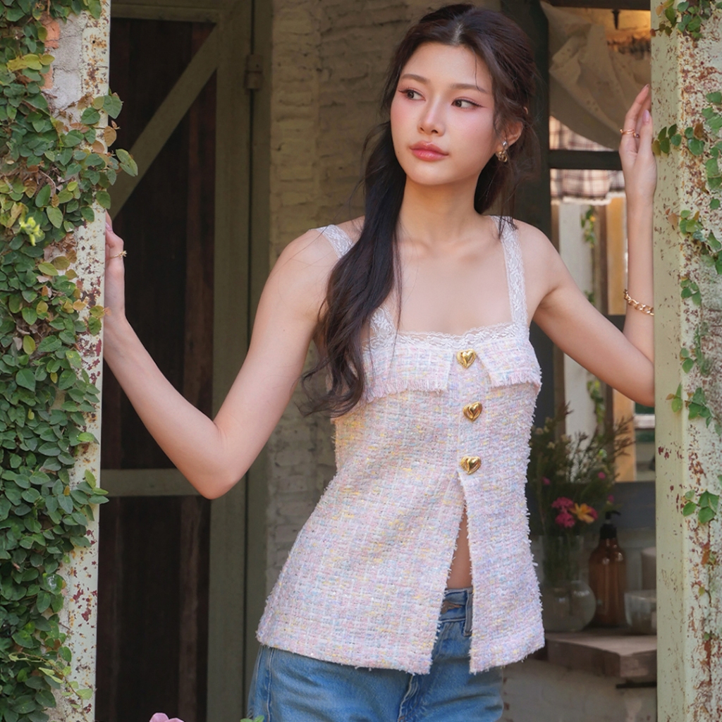 LUCA STUDIO_Irene top (Pre-order 6May ) - เสื้อสายเดี่ยว ผ้าทวีตทอลายสีชมพูพาสเทล สายเสื้อตกแต่งด้วยผ้าลูกไม้สีขาว